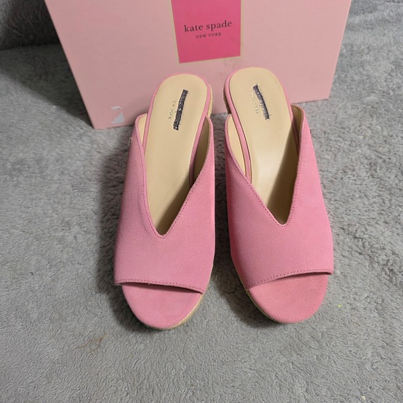 Kate Spade Thea Pink Suede Espadrille Wedge Mules Logo Side 8.5M NEW - Picture 3 of 7